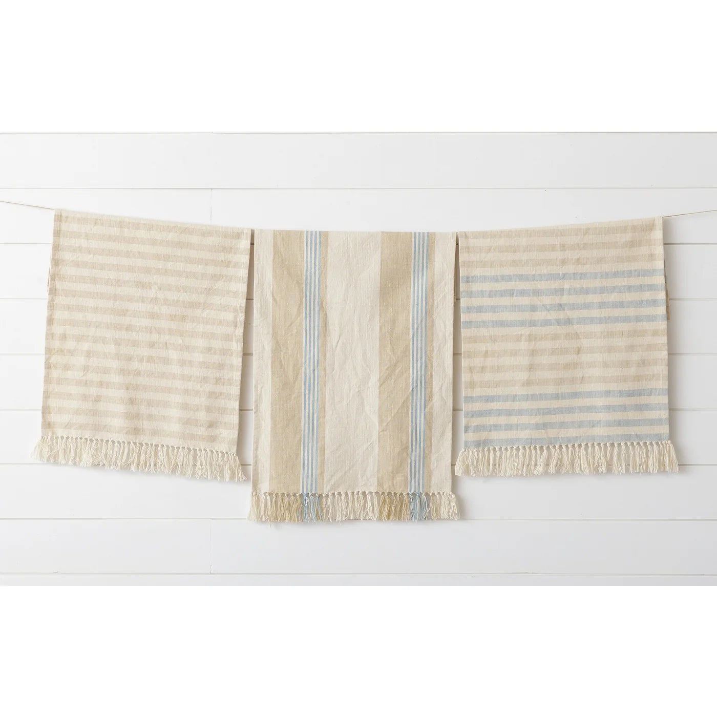 Natural & Blue Striped with Tassels Tea Towel