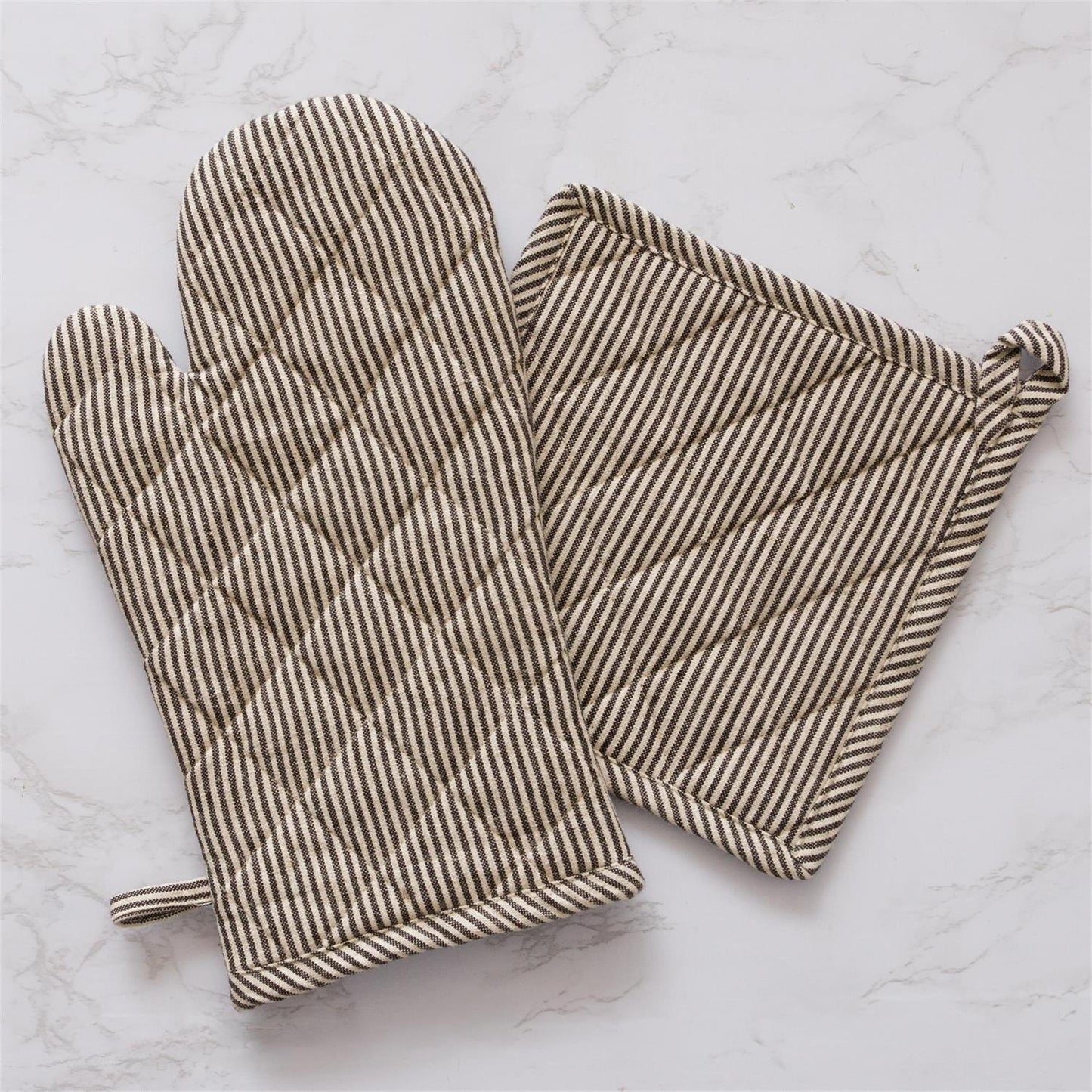 Black & Cream Ticking Stripe Oven Mitt Set