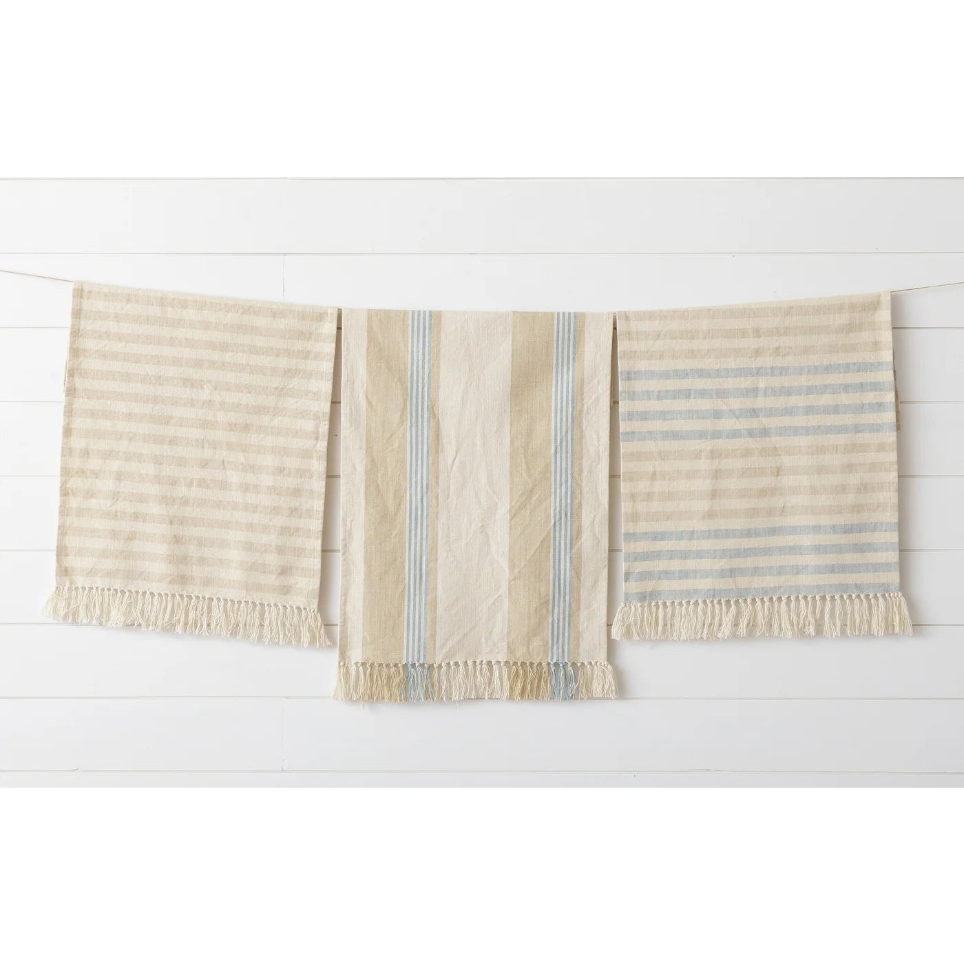 Natural & Blue Striped with Tassels Tea Towel