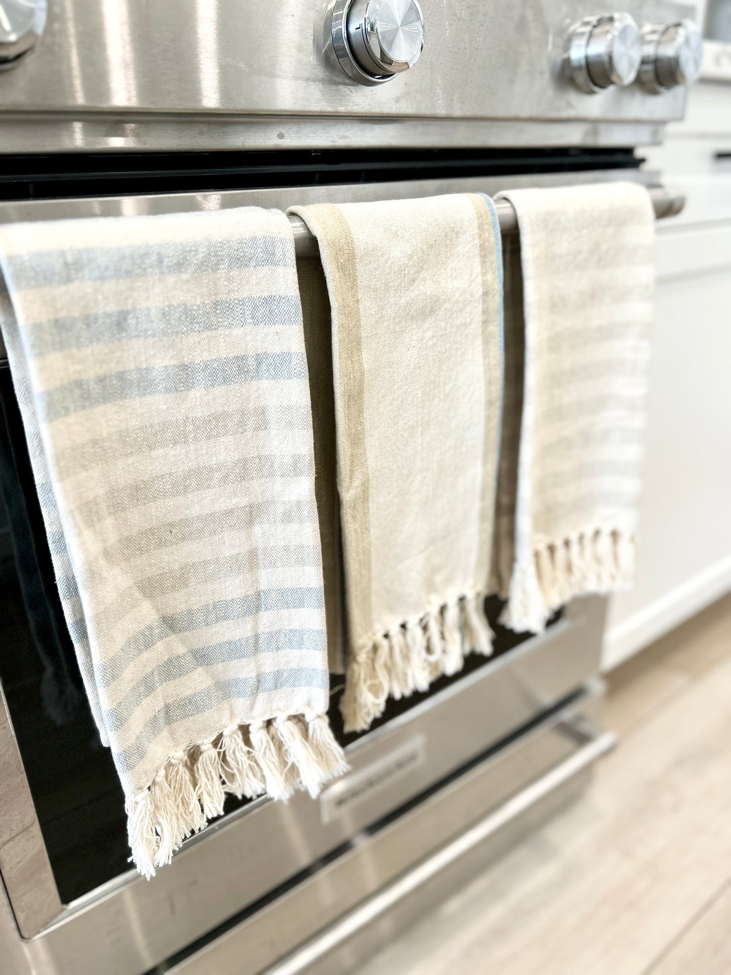 Natural & Blue Striped with Tassels Tea Towel