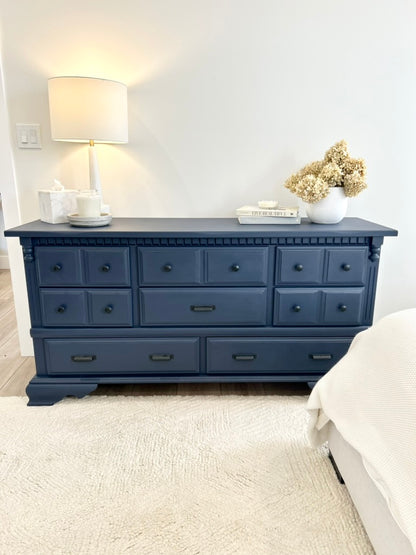 distressed navy blue dresser Rosie's Rustics | Sold This beautiful dresser was painted in a navy tone, lightly distressed and finished. Sanded and stained top to compliment the piece